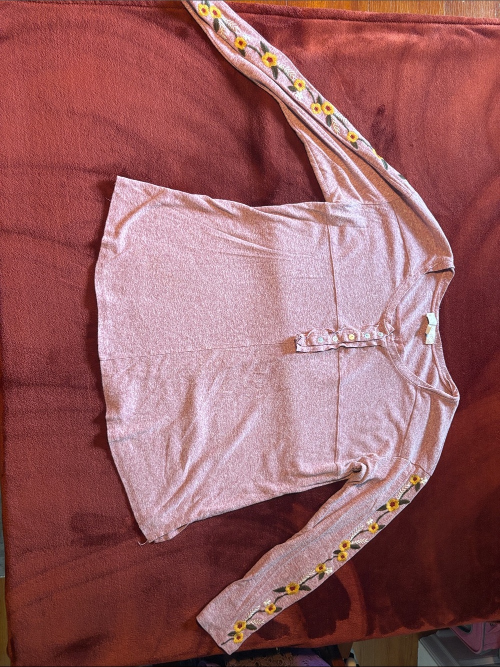 Light Pink Long Sleeve Henley with Embroidered Sunflower Trim